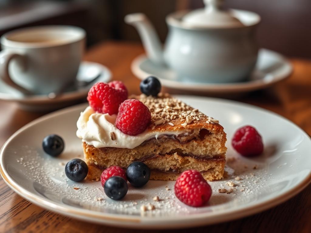 Banana loaf slice with custard and berries