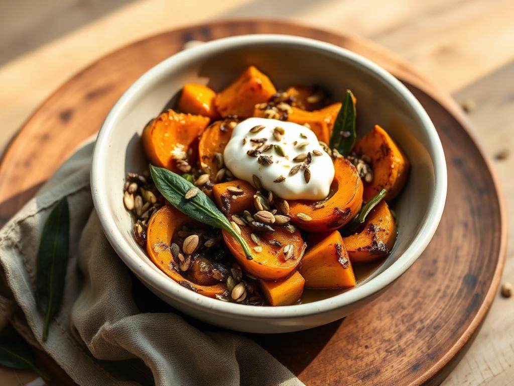 Roasted butternut with toasted seeds in a ceramic bowl